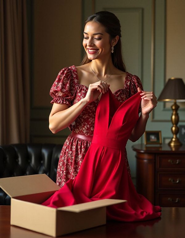 woman opening box with a redress in it